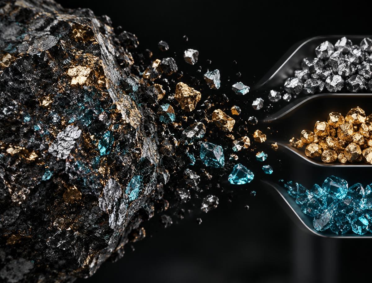 Mineral material separating into distinct valuable elements