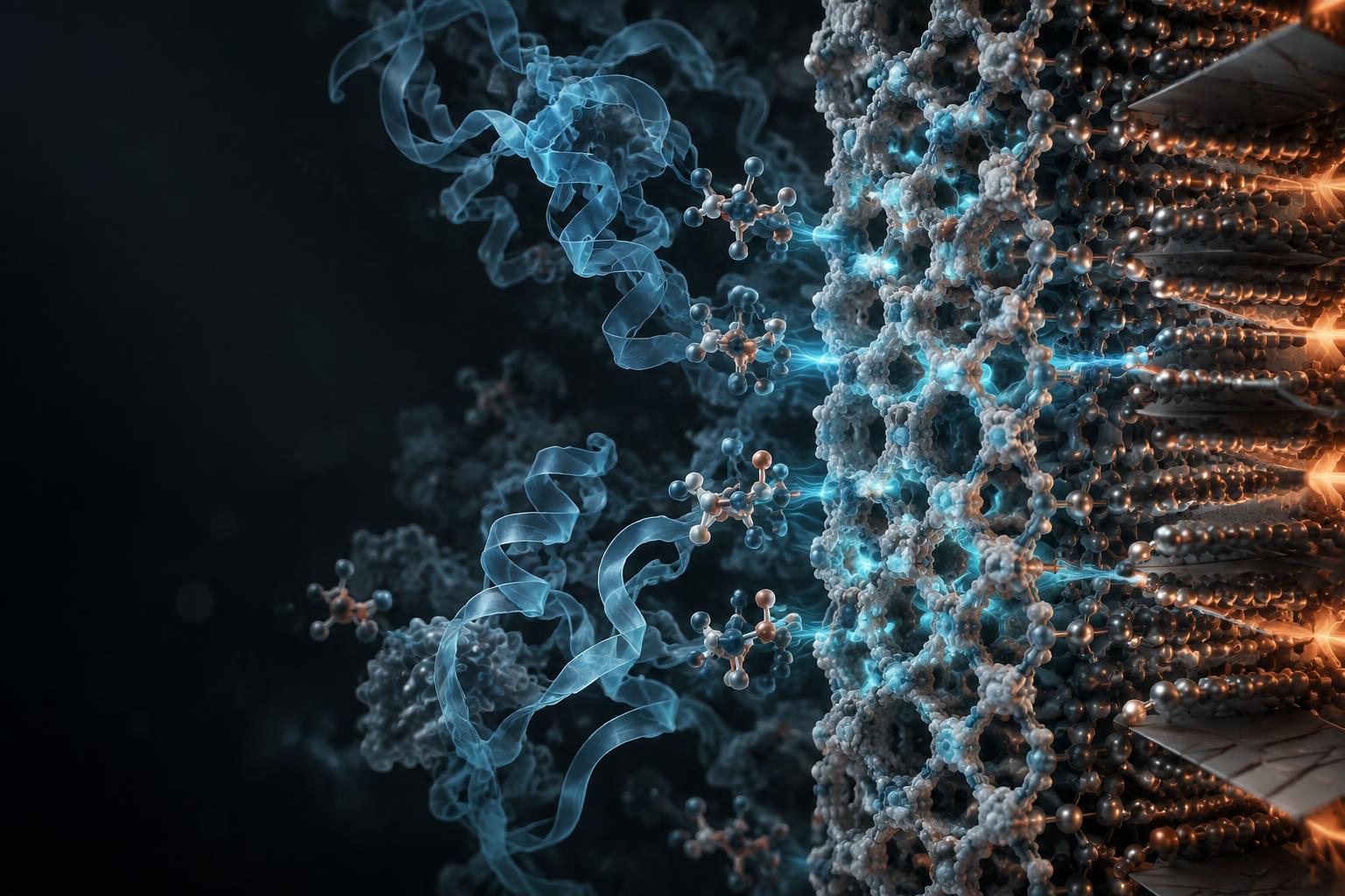 Conceptual biological and material systems meeting at an engineered molecular interface